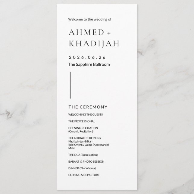 Elegant Minimalist Modern Islamic Wedding Program Programme (Front)