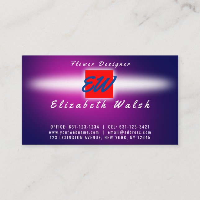 Elegant Minimalist Modern Purple on Blue Business Card (Front)