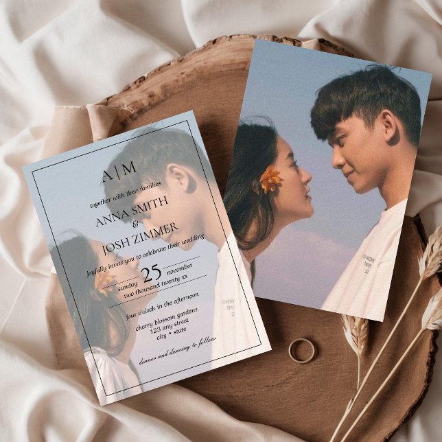 Elegant Minimalist Monogram Photo Overlay Wedding Invitation (Photo Overlay Minimalist 2 Photo Wedding Invitation)