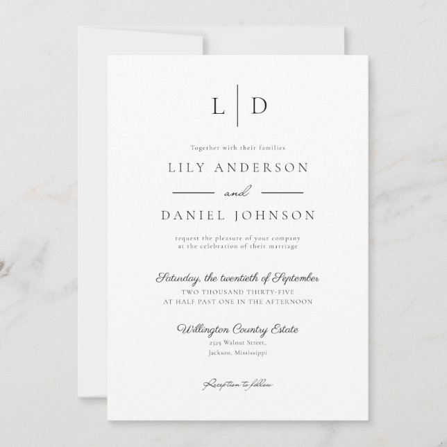 Elegant Minimalist Monogram QR Code Wedding Invitation (Front)