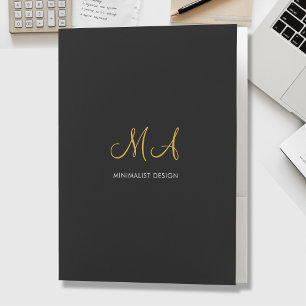 Elegant Minimalist Monogram Text Black Gold Pocket Folder
