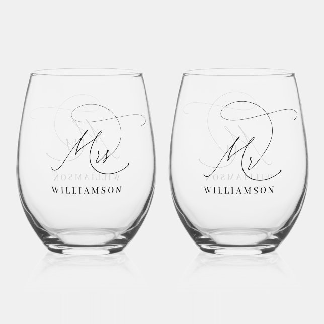 Elegant Minimalist Mr and Mrs Wedding Stemless Wine Glass (Front)