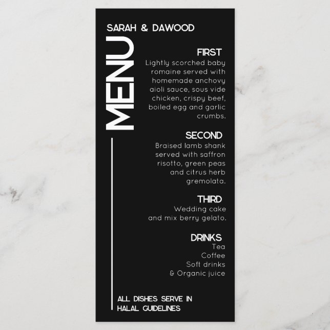 Elegant Minimalist Muslim Black White Wedding Menu (Front)