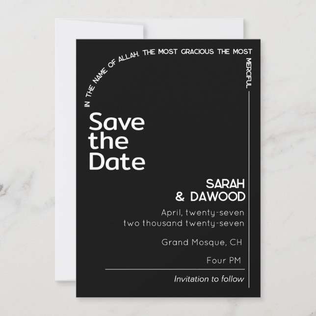 Elegant Minimalist Muslim Black White Wedding Save The Date (Front)