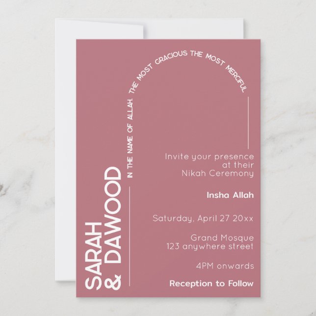 Elegant Minimalist Muslim Rose Gold White Wedding Invitation (Front)