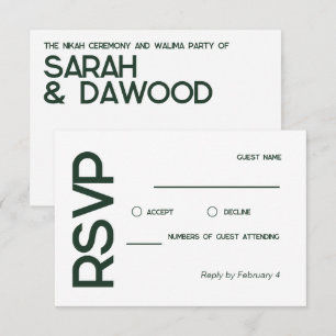 Elegant Minimalist Muslim White Green Wedding RSVP Card