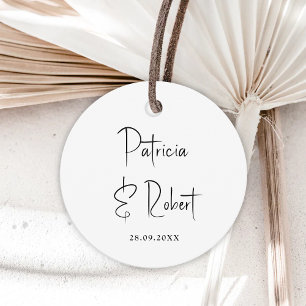 Elegant Minimalist Names Date Black Script Wedding Favour Tags