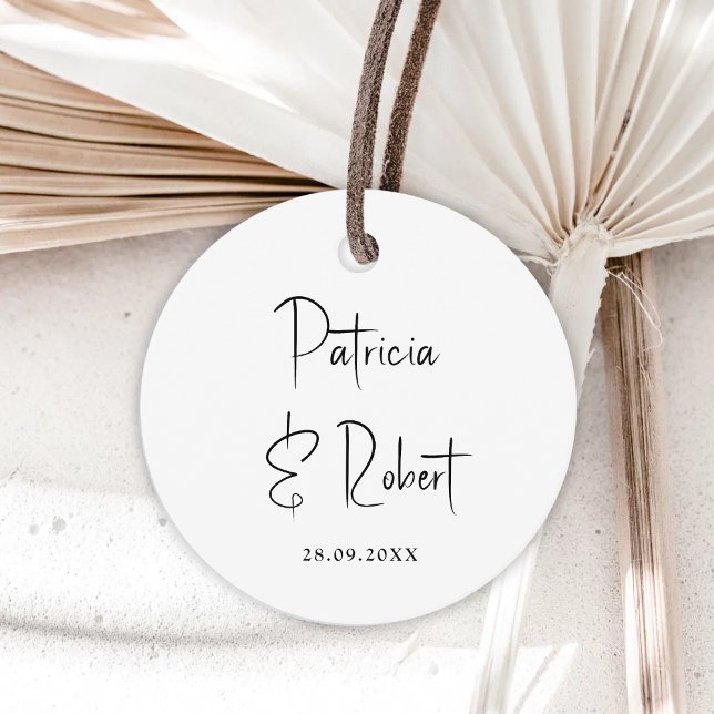 Elegant Minimalist Names Date Black Script Wedding Favour Tags (Minimalist black script favor tags add timeless charm while personalizing names and date.)