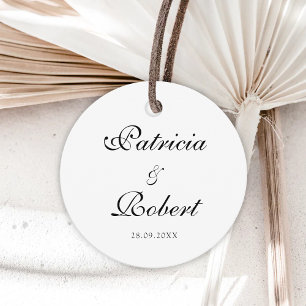 Elegant Minimalist Names Date Black Script Wedding Favour Tags