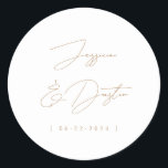 Elegant Minimalist Names Date Script Gold Classic Round Sticker<br><div class="desc">Personalised and simply stylish stickers with names and date in elegant fonts.</div>