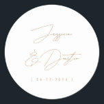 Elegant Minimalist Names Date Script Gold Classic Round Sticker<br><div class="desc">Personalised and simply stylish stickers with names and date in elegant fonts.</div>