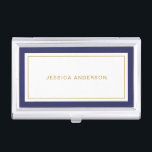 Elegant Minimalist Navy Blue And Gold Name  Business Card Holder<br><div class="desc">This business card case features minimalist and elegant design with thick navy blue and thin gold borders. Personalise it with your name or business name.</div>