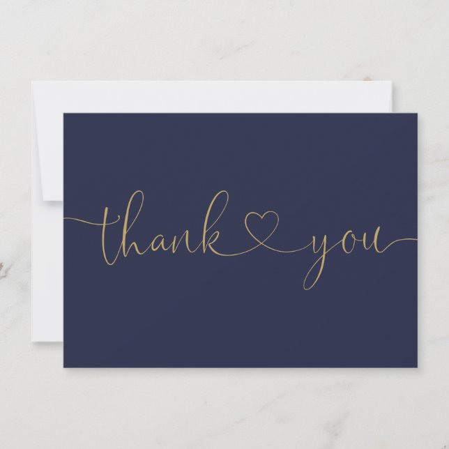 Elegant Minimalist Navy Blue And Gold Script Heart Thank You Card (Front)