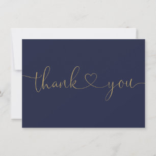 Elegant Minimalist Navy Blue And Gold Script Heart Thank You Card