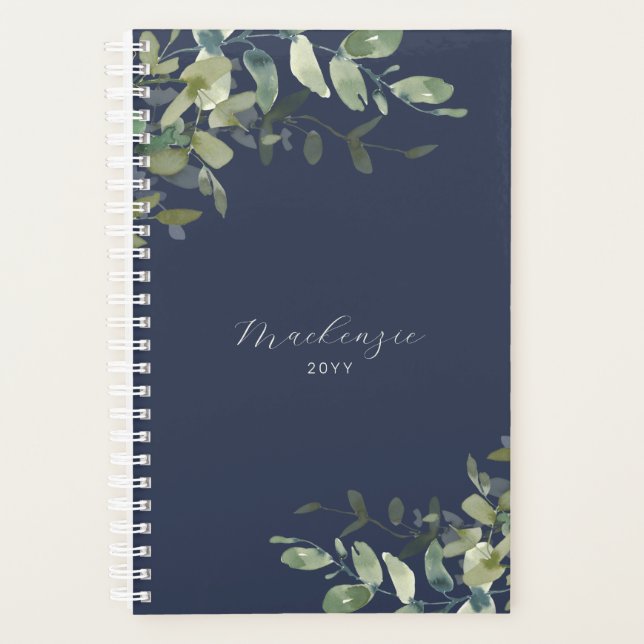 Elegant Minimalist Navy Blue Eucalyptus Greenery Planner (Front)