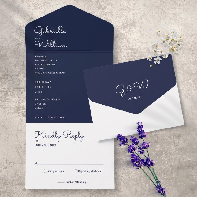 Elegant Minimalist Navy Blue Monogram Wedding All In One Invitation (Creator Uploaded)