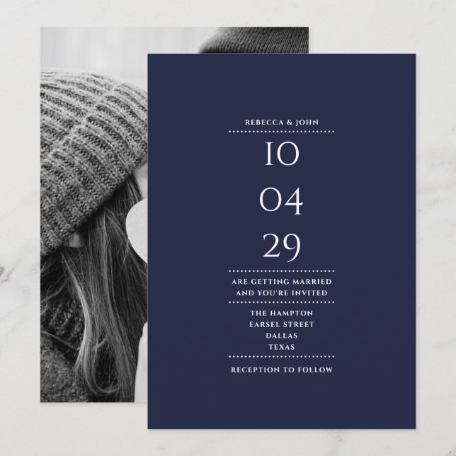 Elegant Minimalist Navy Blue Photo Wedding Date Invitation (Front/Back)