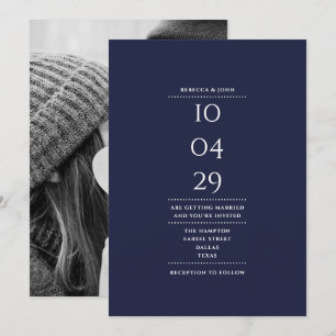 Elegant Minimalist Navy Blue Photo Wedding Date Invitation