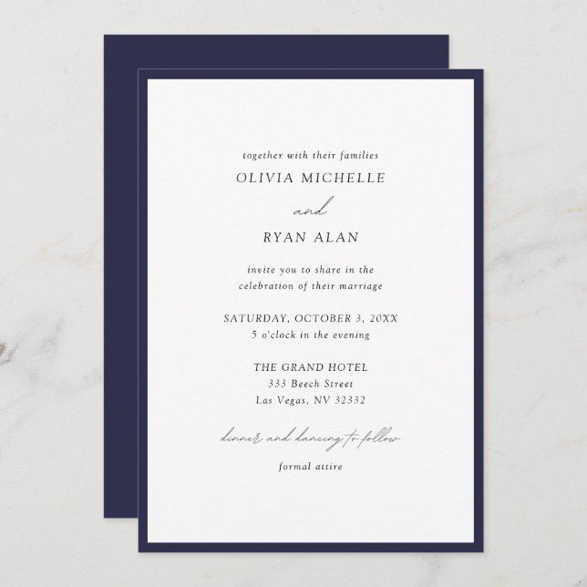 Elegant Minimalist Navy blue Wedding Invitation (Front/Back)