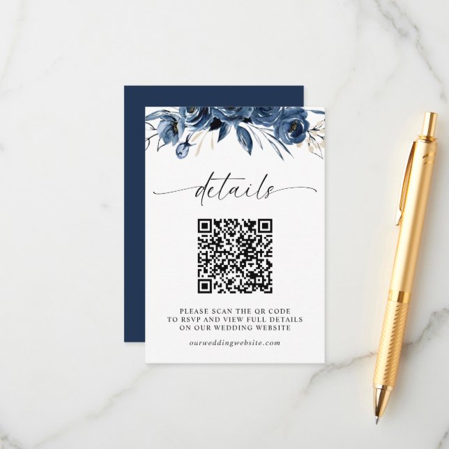 Elegant Minimalist Navy Blue Wedding QR Code RSVP Enclosure Card (Front/Back In Situ)