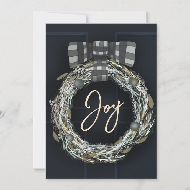 Elegant Minimalist Navy Door Wreath Joy Holiday Card (Front)