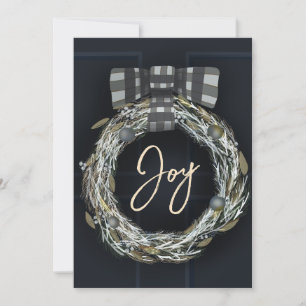 Elegant Minimalist Navy Door Wreath Joy Holiday Card