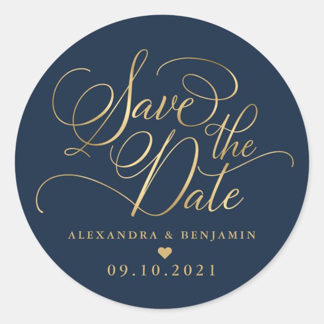 Elegant Minimalist Navy & Gold Wedding Classic Round Sticker (Front)