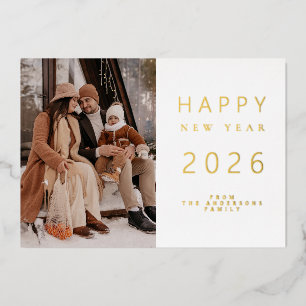 Elegant Minimalist New Year Cheers Family 1 Photo Foil Holiday Card