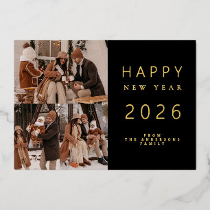 Elegant Minimalist New Year Cheers Family 3 Photo Foil Holiday Card