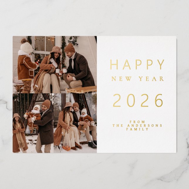 Elegant Minimalist New Year Cheers Family 3 Photo Foil Holiday Card (Front)
