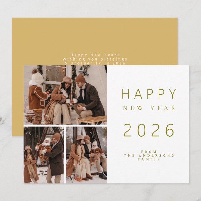 Elegant Minimalist New Year Cheers Family 3 Photo Holiday Card (Front/Back)