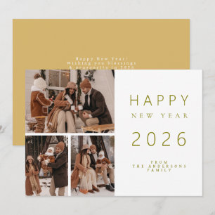 Elegant Minimalist New Year Cheers Family 3 Photo Holiday Card