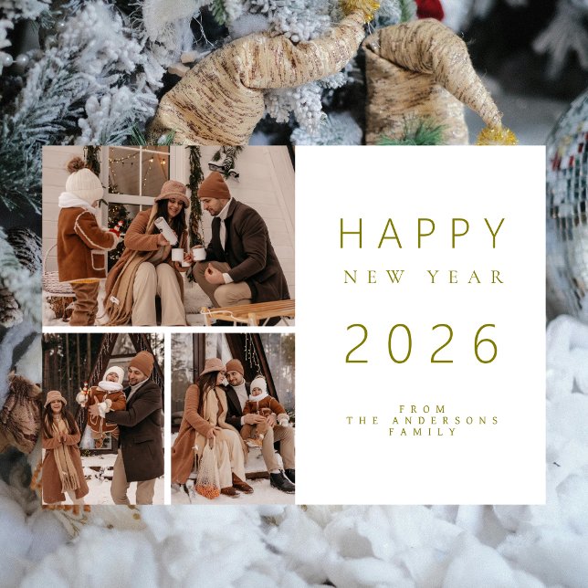 Elegant Minimalist New Year Cheers Family 3 Photo Holiday Card (Creator Uploaded)