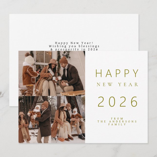 Elegant Minimalist New Year Cheers Family 3 Photo Holiday Card (Front/Back)