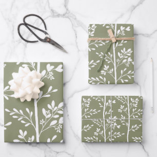 Elegant Minimalist Olive Green Floral Wrapping Paper Sheet