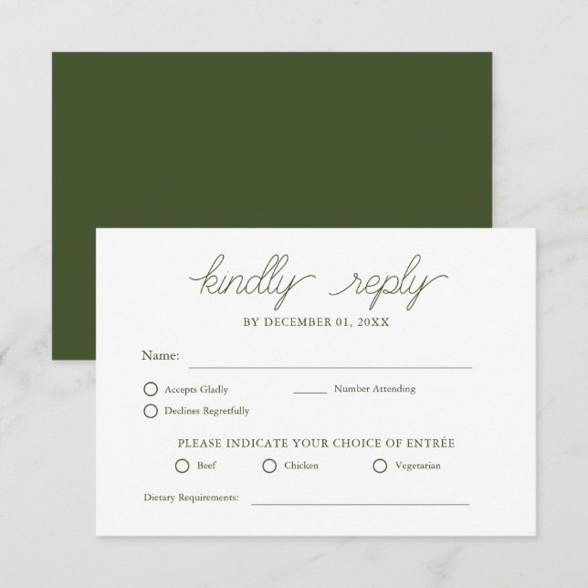 Elegant Minimalist Olive Green Wedding RSVP (Front/Back)