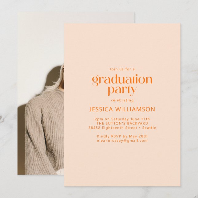 Elegant Minimalist Peach Photo Graduation Party Invitation (Front/Back)
