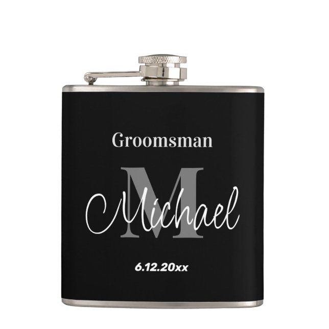 elegant minimalist personalised groomsman black hip flask (Front)