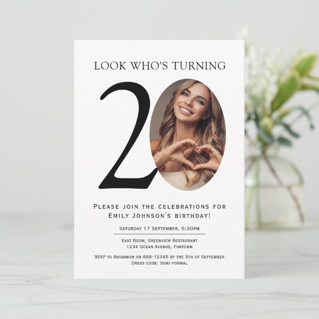 Elegant Minimalist Photo 20th Birthday Invitation (Standing Front)