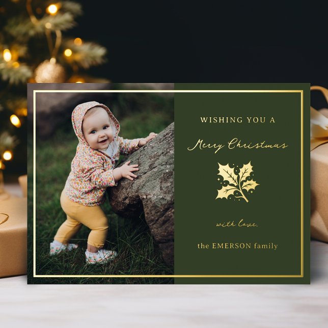 Elegant Minimalist Photo Green/Gold  Foil Holiday Card (Creator Uploaded)