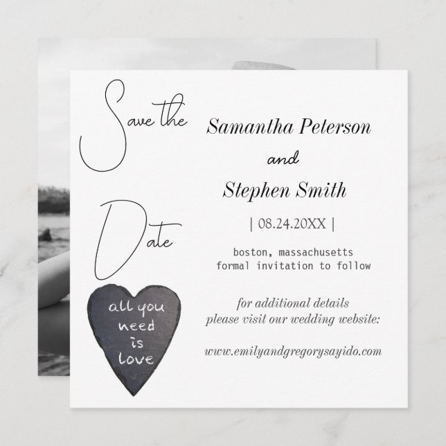 Elegant minimalist photo of black heart save the d save the date (Front/Back)
