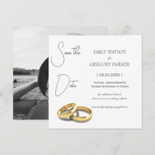 Elegant minimalist photo of gold ring save the dat date