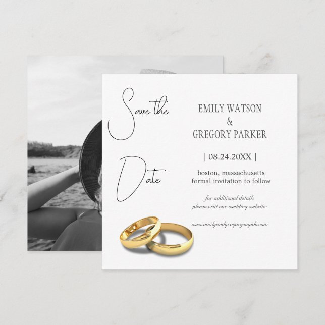 Elegant minimalist photo of gold ring save the date (Front/Back)