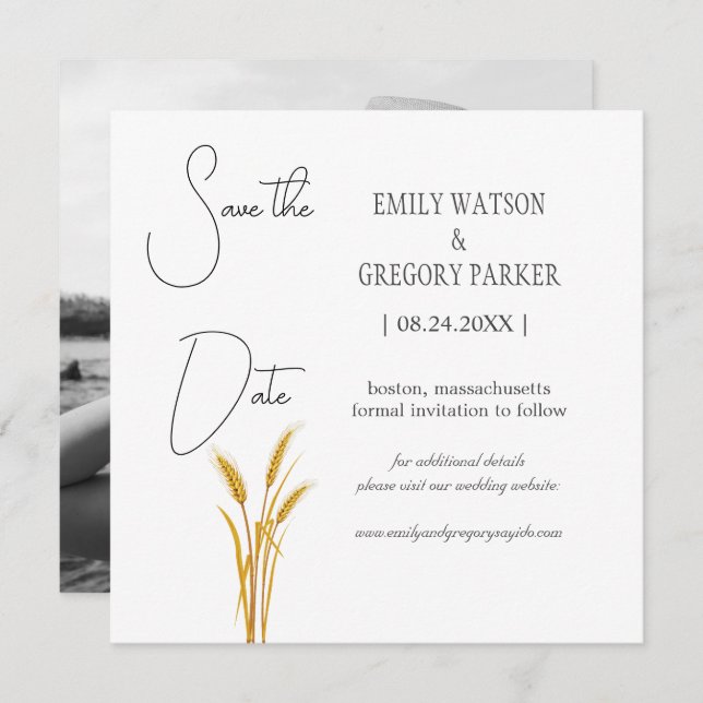 Elegant minimalist photo of wheat fields save the date (Front/Back)