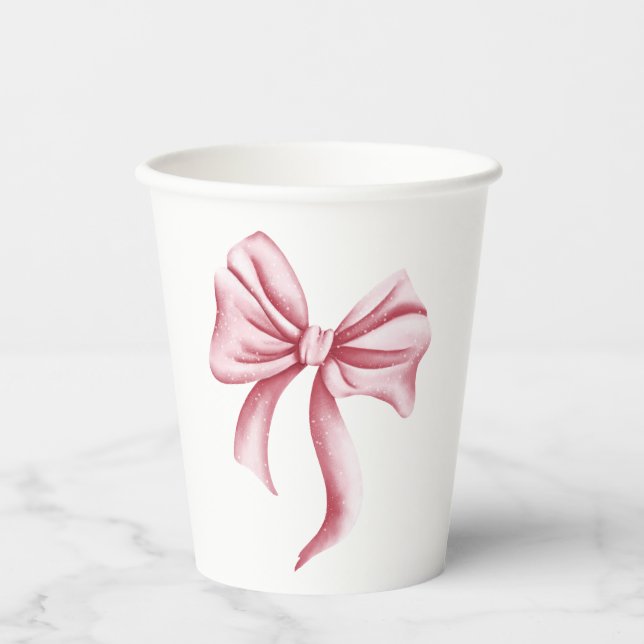 Elegant Minimalist Pink Bow Baby Shower Paper Cups (Front)