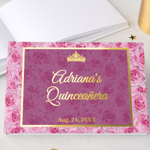 Elegant Minimalist Pink Rose Floral Quinceanera Guest Book