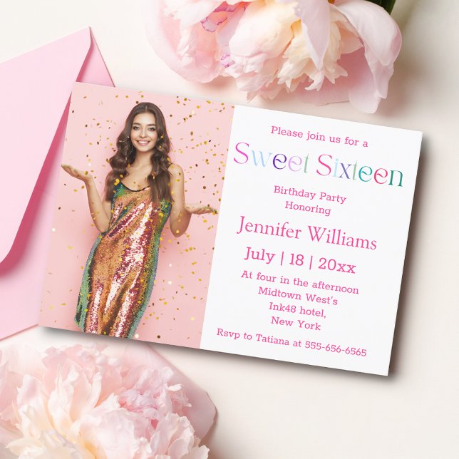 elegant minimalist pink sweet 16 birthday photo invitation (Creator Uploaded)