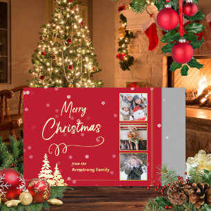 Elegant Minimalist Red Gold Christmas Photo Foil Holiday Card