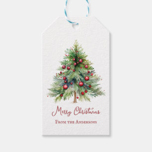 Elegant Minimalist Red Green Pine Tree Christmas Gift Tags