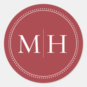 Elegant Minimalist Red Monogram Dotted Border Classic Round Sticker